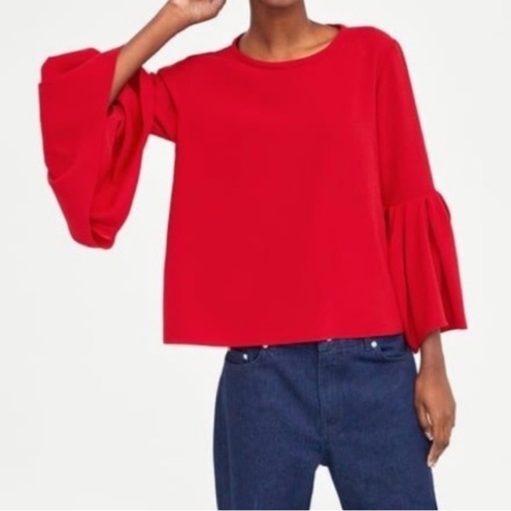 [M]Zara Bold Pink Red Blouse with Peplum Sleeves